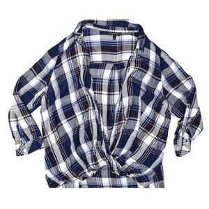 Lane Bryant Plus Size 28 Blue Plaid Rayon Blouse Long Sleeve Open Collared